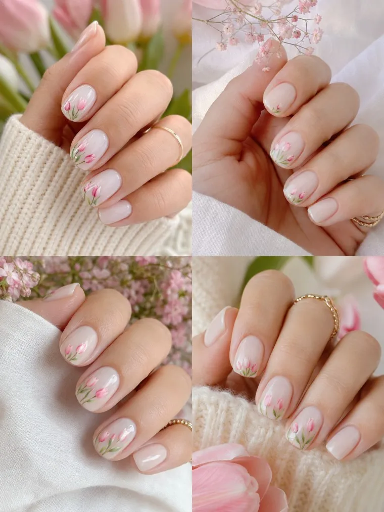 Milky White Tulip Spring Nails