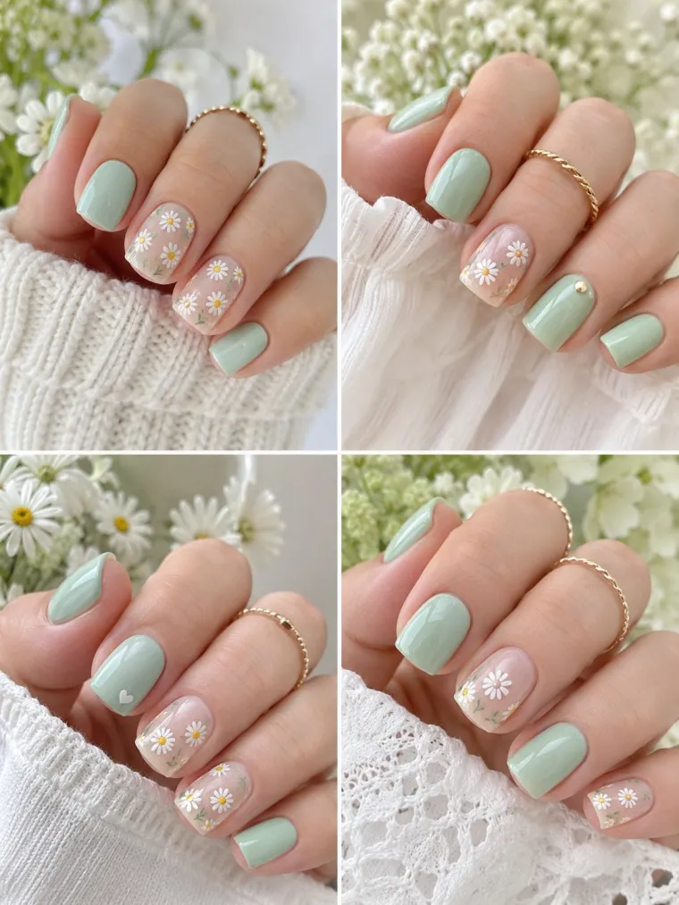 Mint Green Daisy Spring Nails