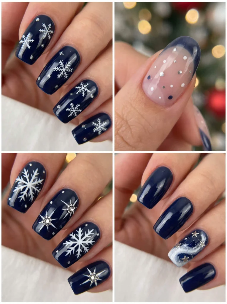 Navy Snowflake Christmas Nail Design