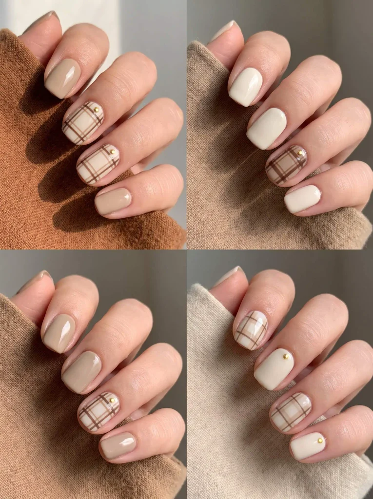 Neutral Plaid Back School Nails