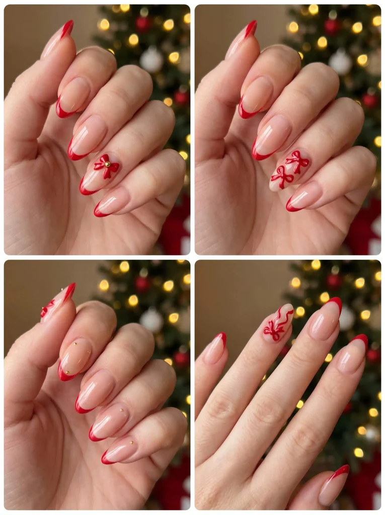 Nude Red Bow Christmas Nails