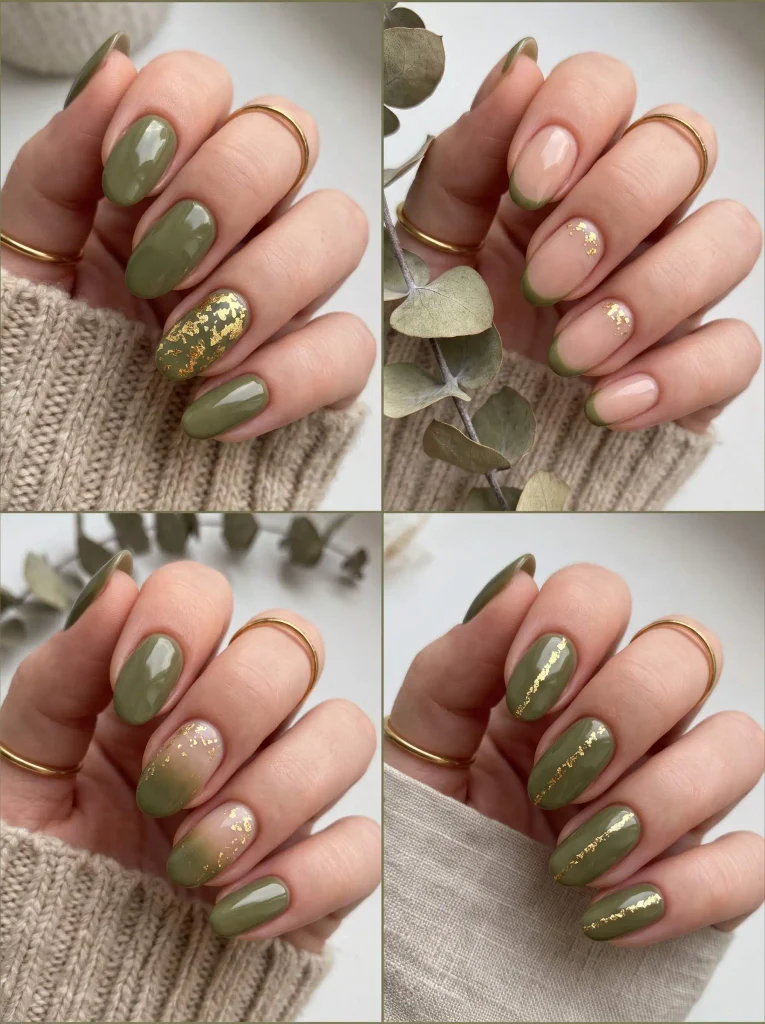 Olive Green Gold Leaf Nails