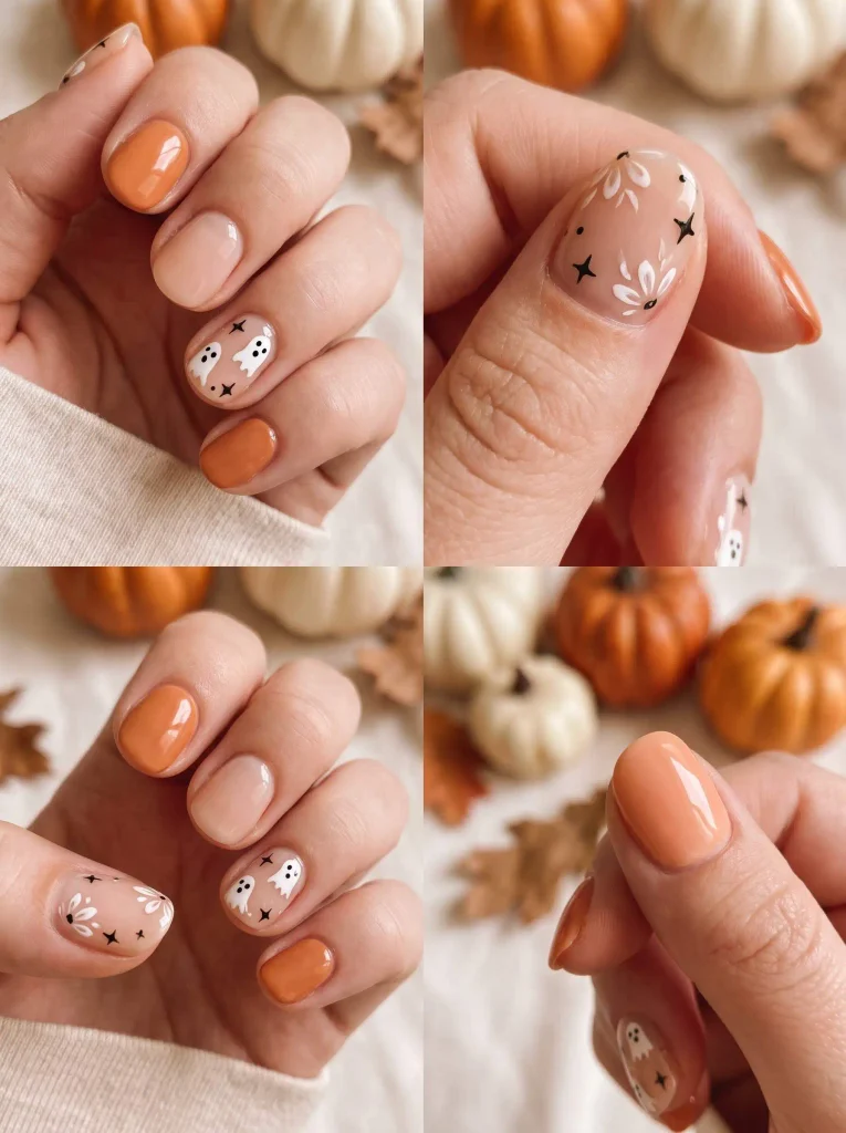 Orange Ghost Halloween Gel Nails