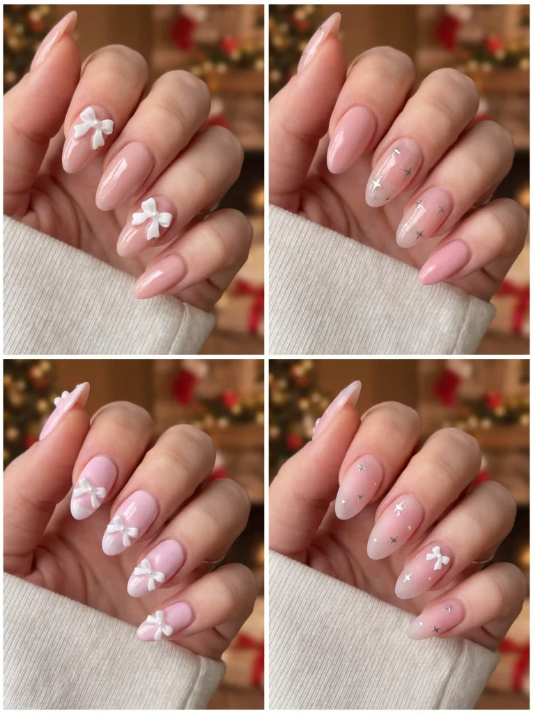 Pink Bow Cute Christmas Nails