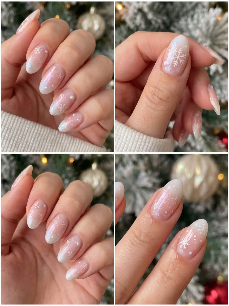 Pink White Snowflake Holiday Nails