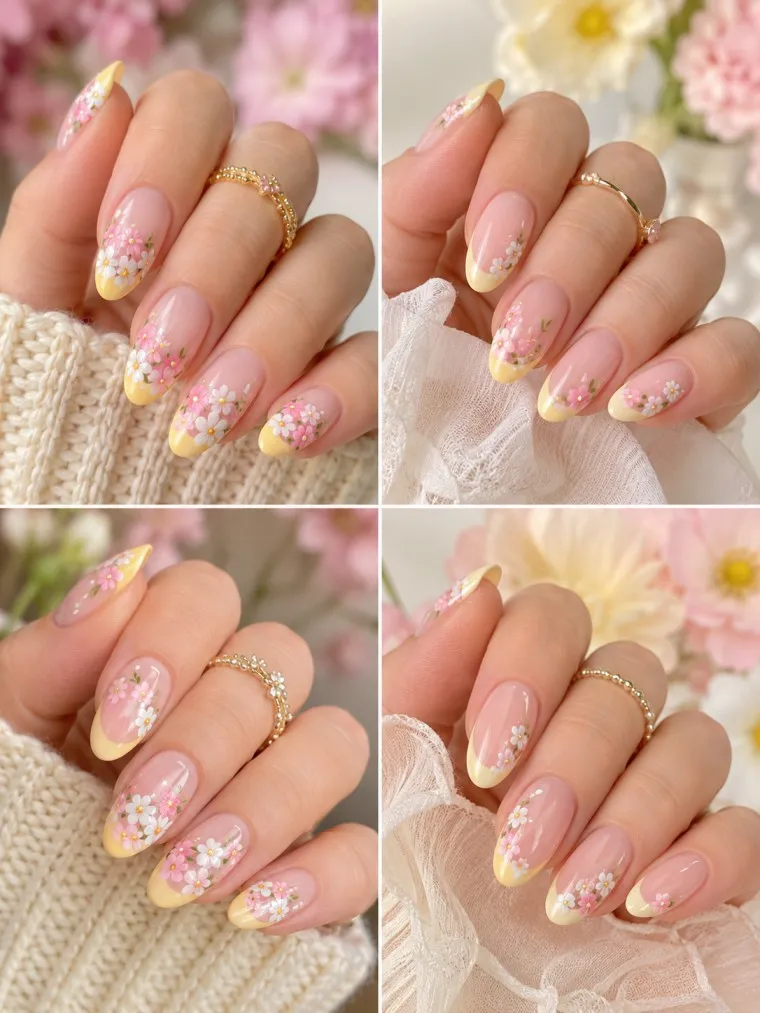 Pink Yellow Flower Spring Nails