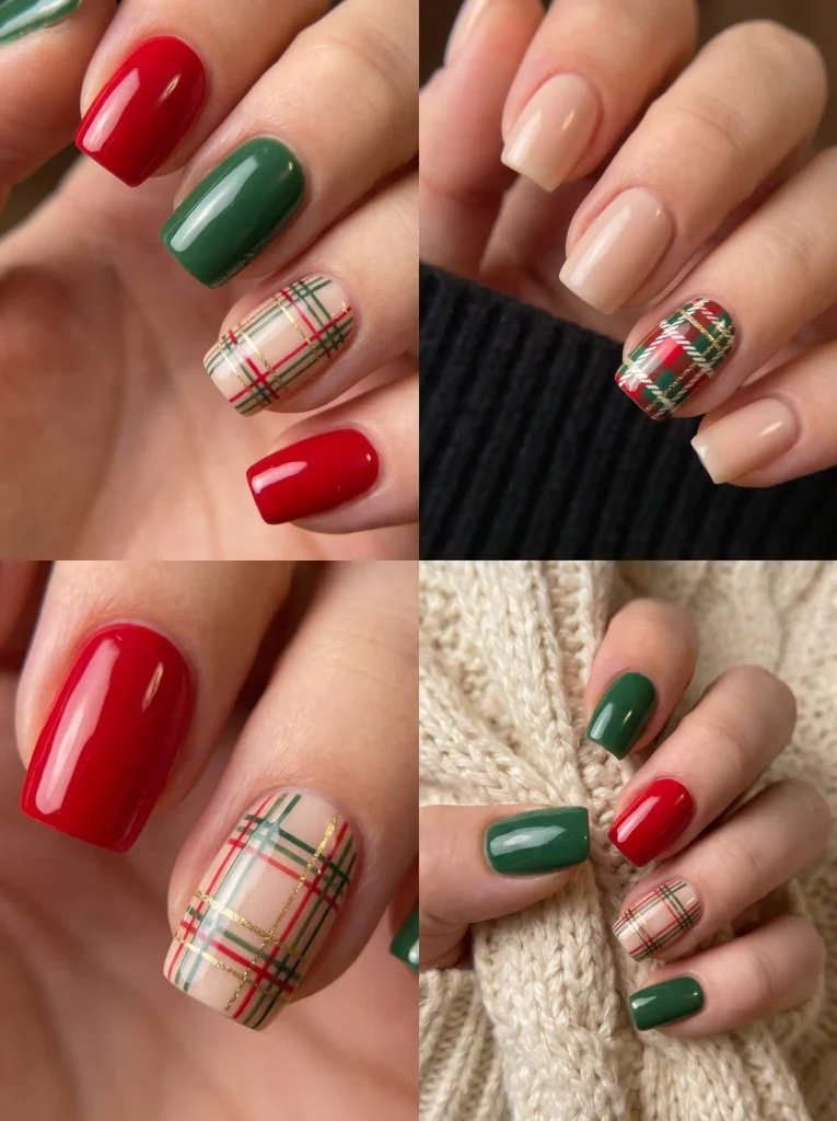 Plaid Red Green Christmas Nails