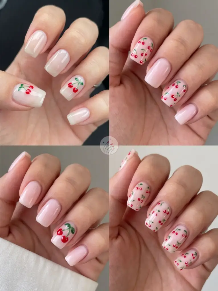 Playful Cherry Accent Soft Squoval Nails