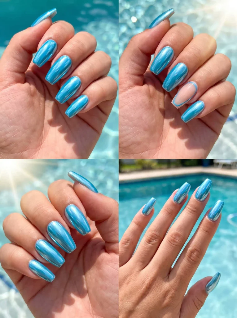 Pool Blue Chrome Summer Nails