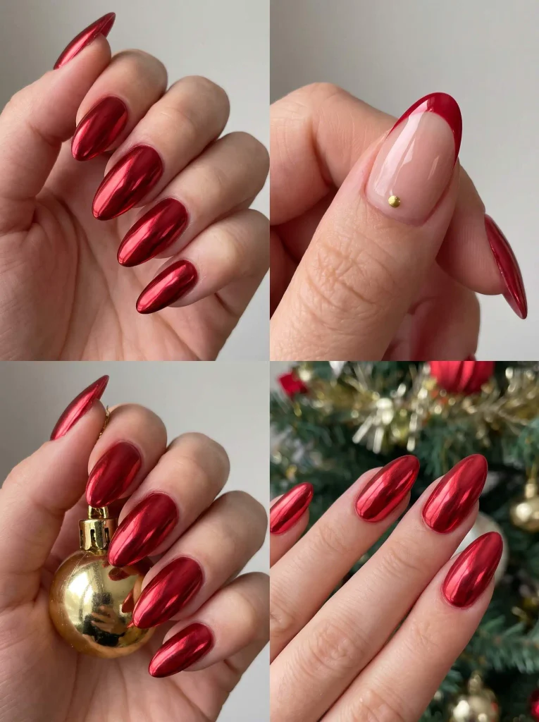 Red Chrome Holiday Almond Nails