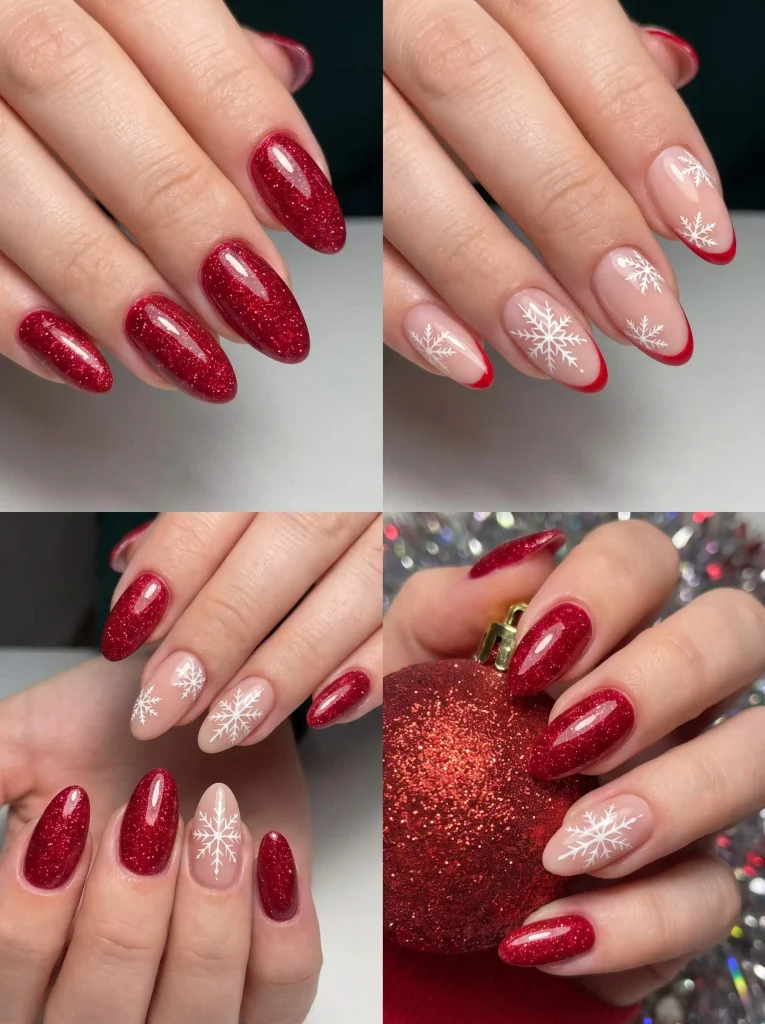 Red Glitter Snowflake Holiday Nails