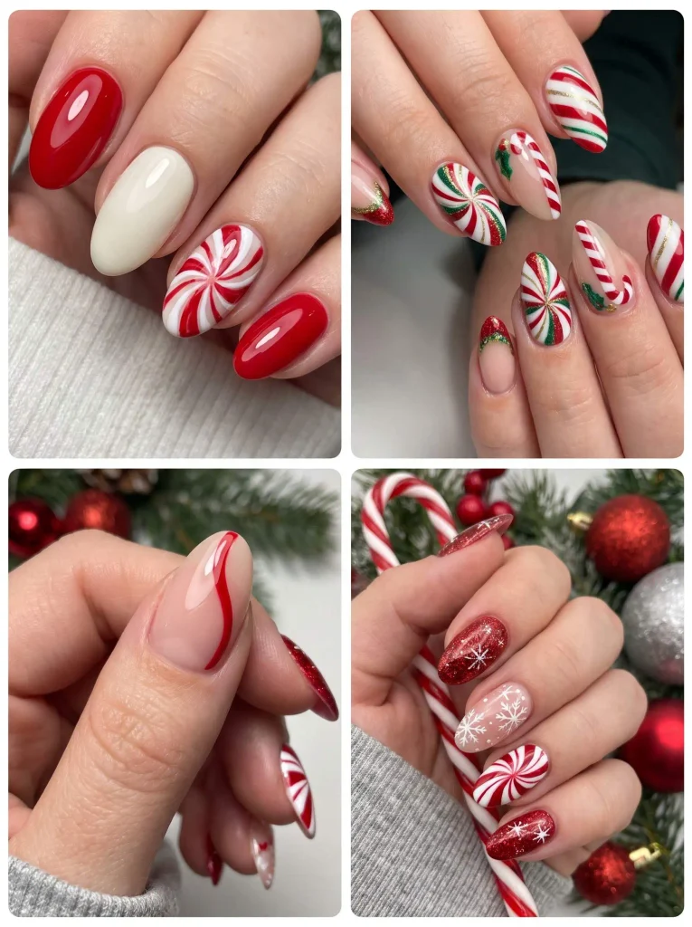 Red White Peppermint Swirl Nails