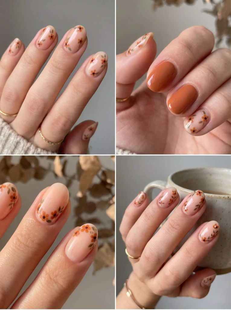 Rust Floral Autumn Nail Art