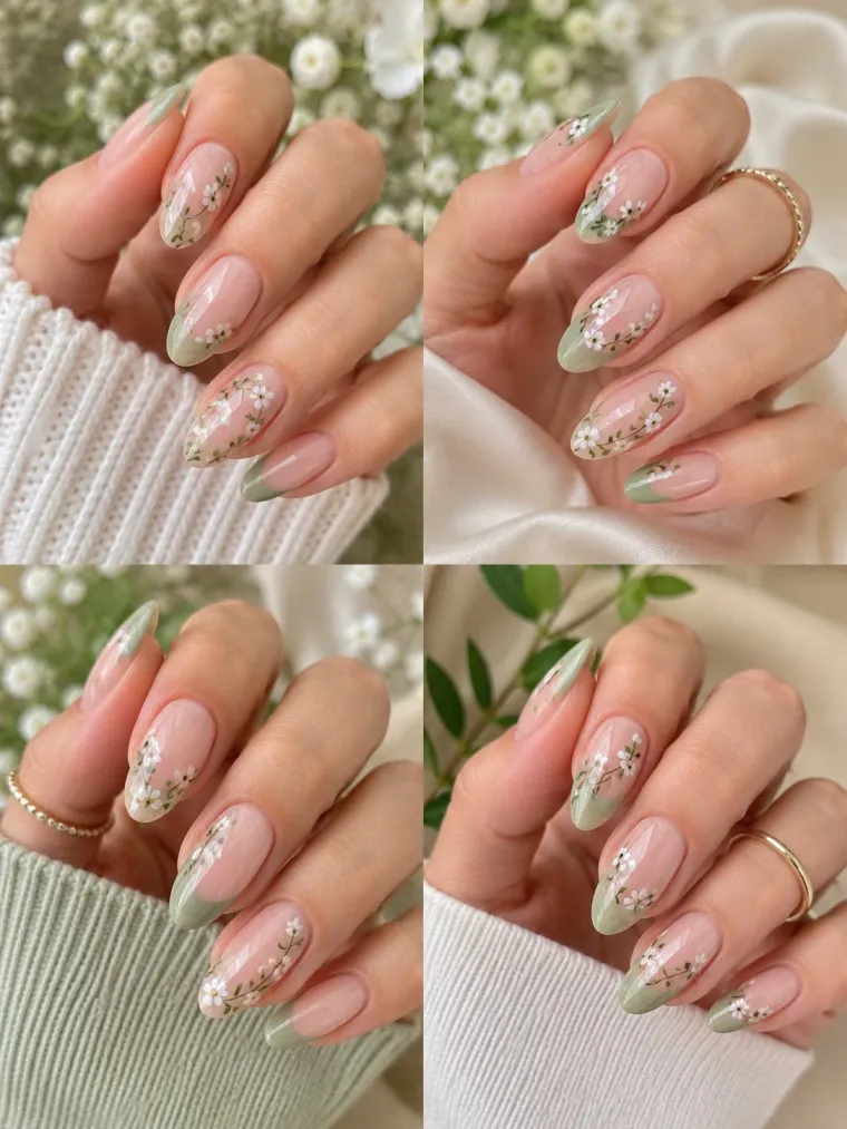 Sage Green Floral Spring Nails