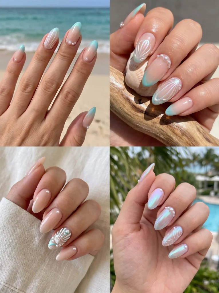 Seashell Pearl Beach Vacation Nails