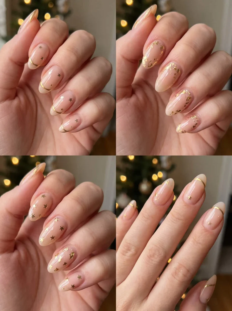 Sheer Nude Gold Christmas Nails
