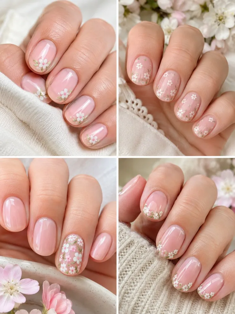 Sheer Pink Spring Floral Nails