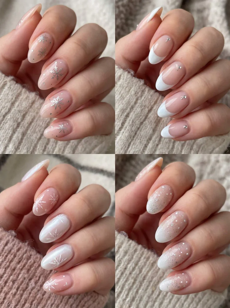 Short Almond Snowflake Xmas Nails