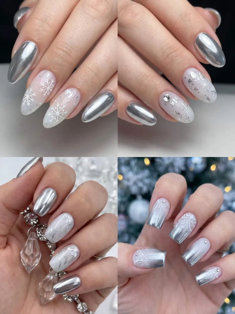 Silver Chrome Winter Holiday Nails