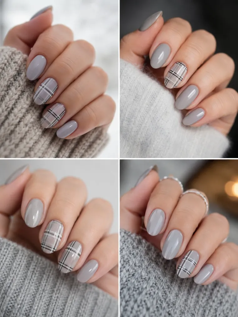 Soft Gray Plaid Winter Nails