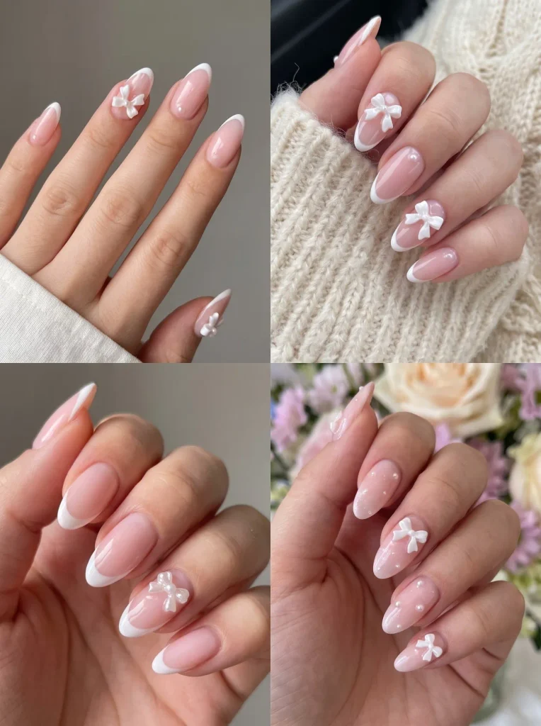 Soft Pink Bow Almond Nails
