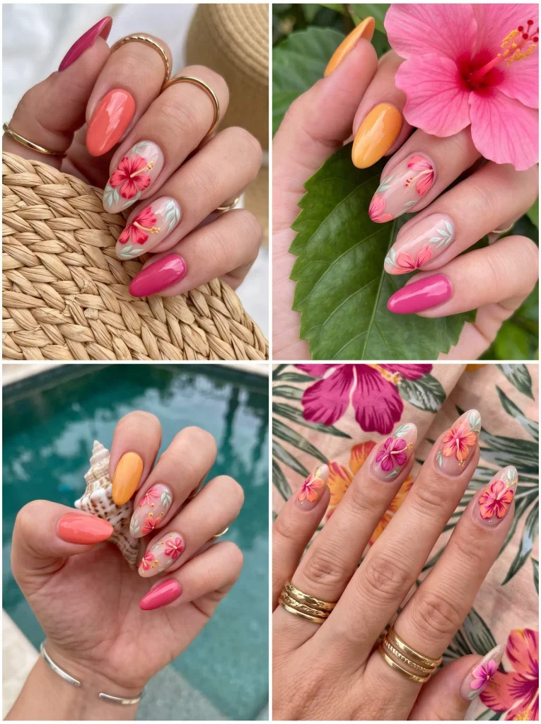 Tropical Hibiscus Flower Nails