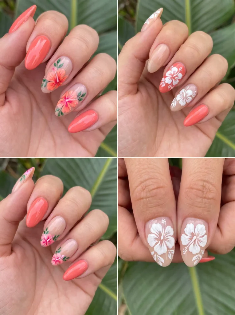 Tropical Hibiscus Summer Nail Art