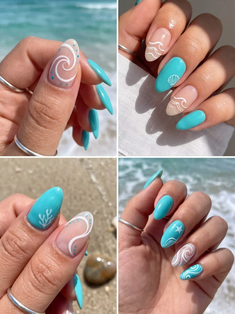 Turquoise White Beach Nails