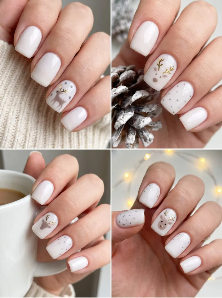 White Reindeer Short Christmas Nails