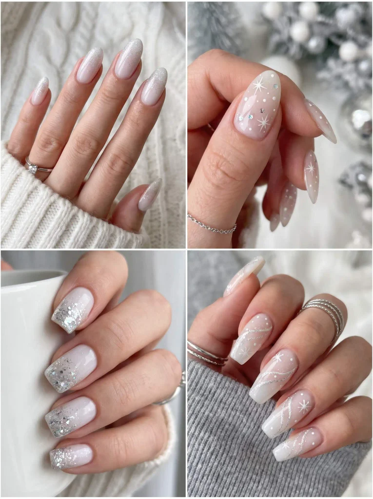 White Snowy Glitter Christmas Nails