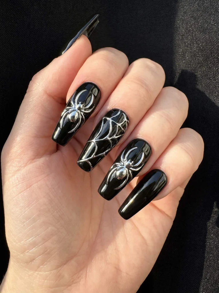 3D Chrome Spider Halloween Nail Art