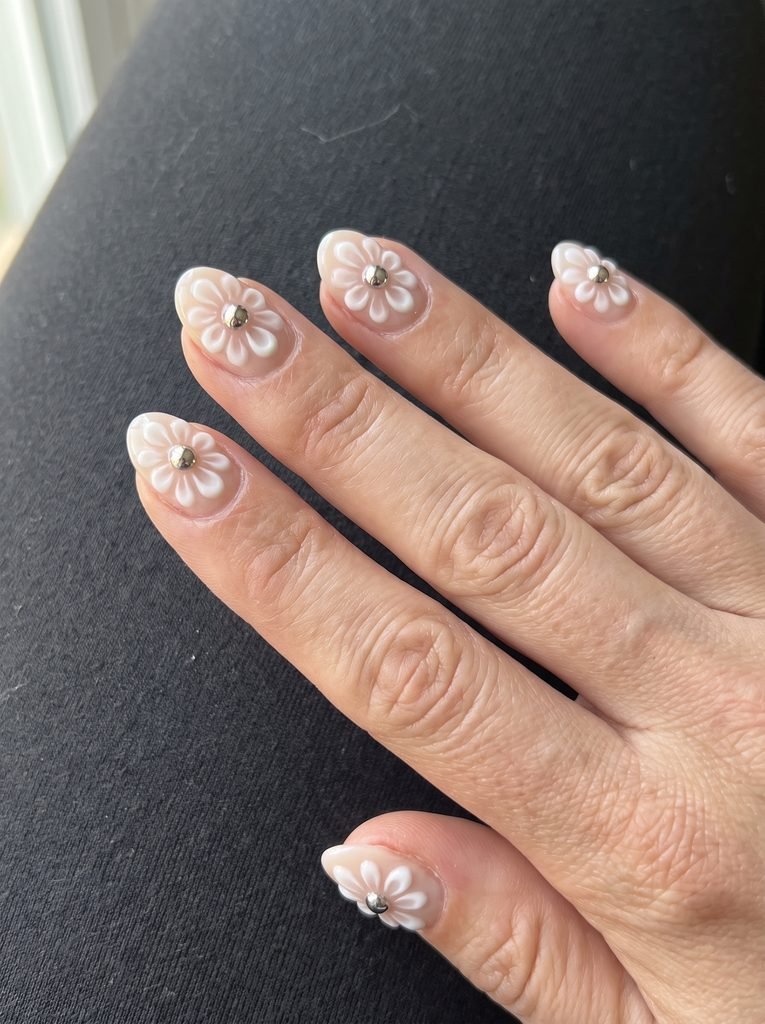 3D Flower Acrylic Nails With Chrome Centers