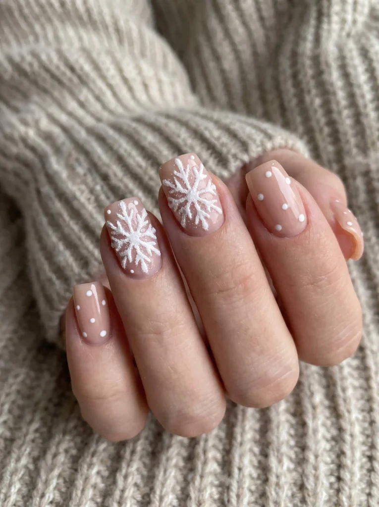 3D White Snowflake Gel Nails for Winter