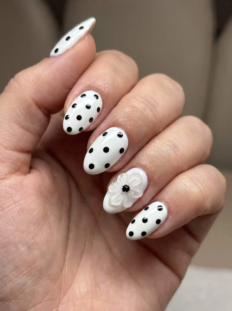 3D flower black and white polka nails