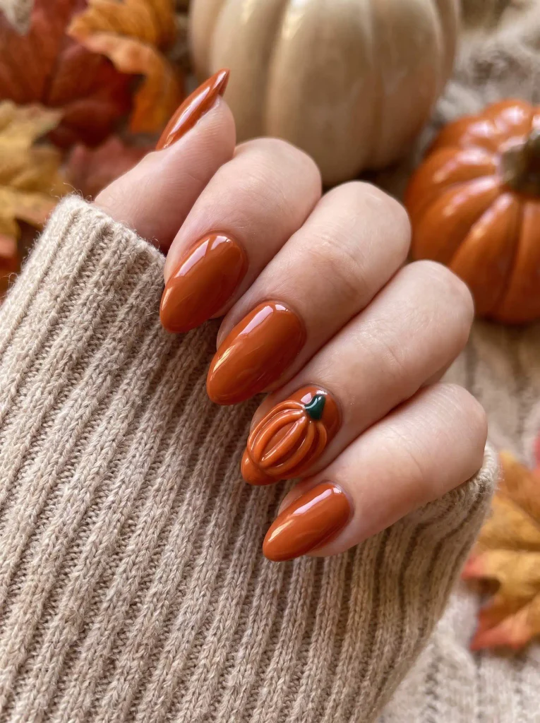 3D pumpkin orange almond nails