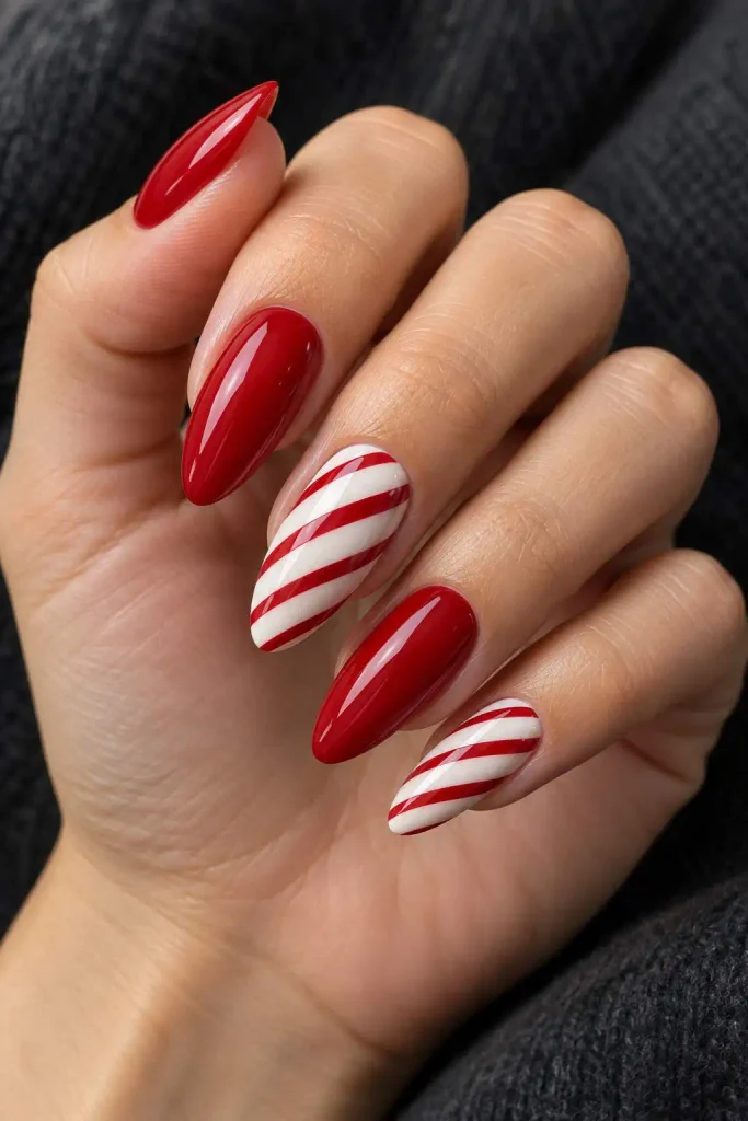 Almond Candy Cane Christmas Nails