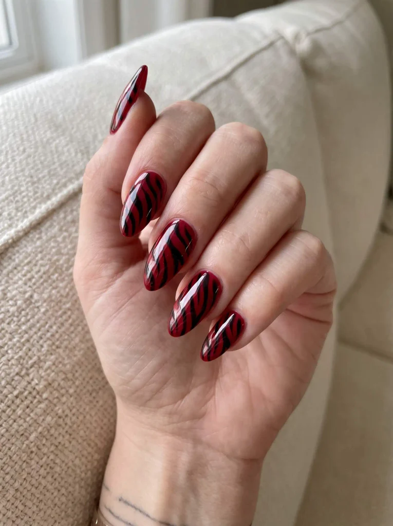 Almond Red Zebra Stripe Nails