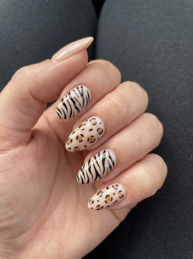 Almond Zebra and Cheetah Print Nails