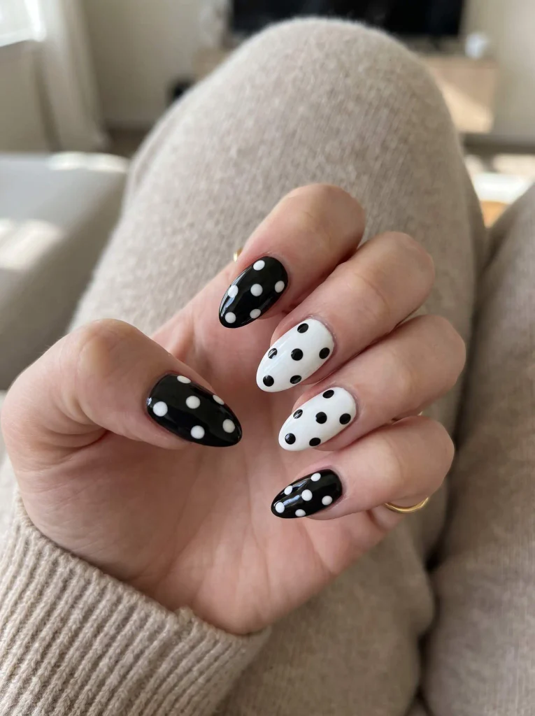 Almond black and white polka dot nails