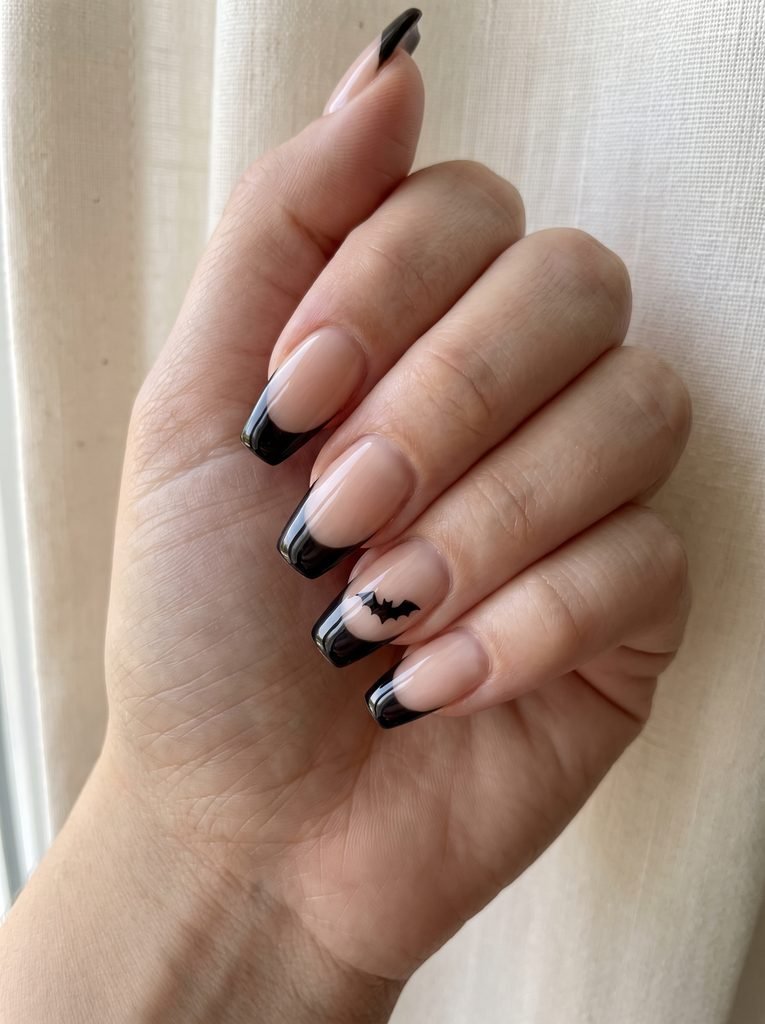 Bat Accent Black Coffin French Tips