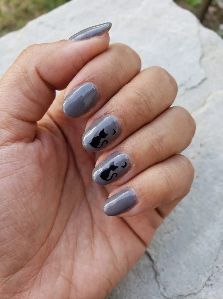 Black Cat Silhouette Halloween Nail Art