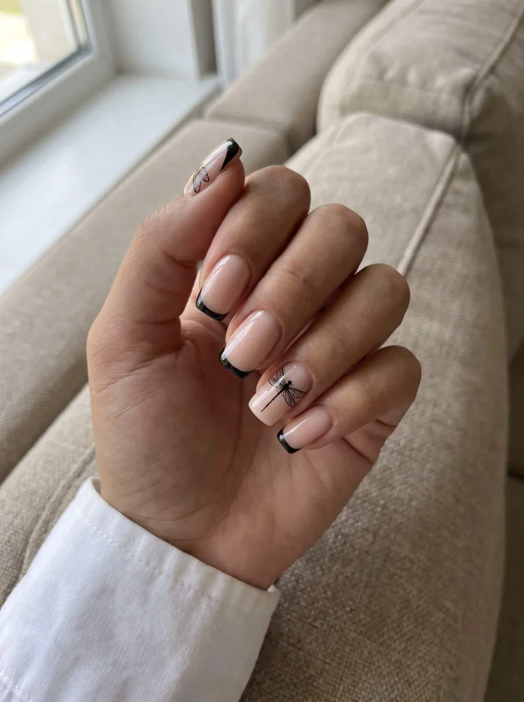 Black French tip dragonfly nails