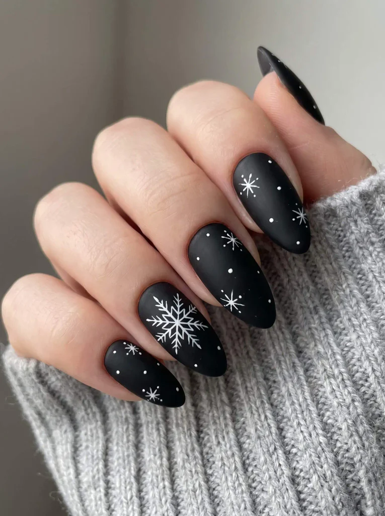 Black Matte Snowflake Nails with White Art