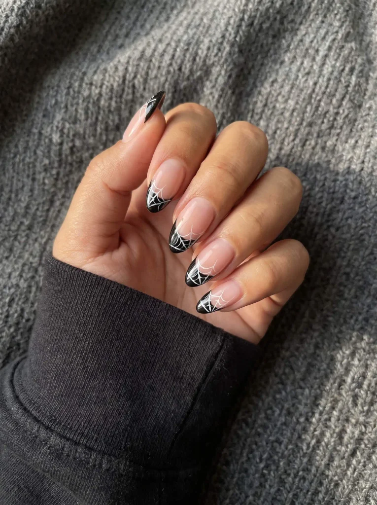 Black Spiderweb French Tip Halloween Nails