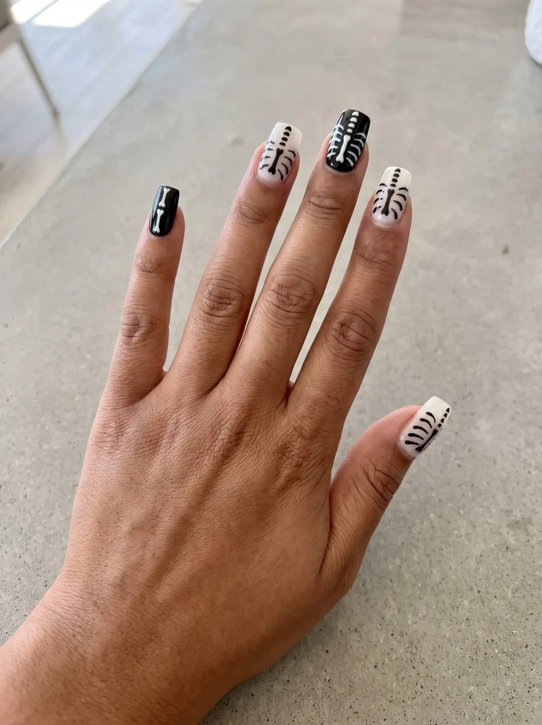Black and White Skeleton Halloween Nails