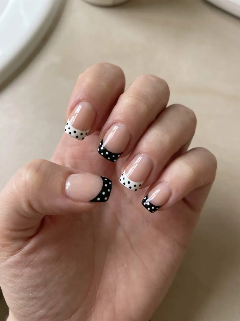 Black and white dotted French square nails