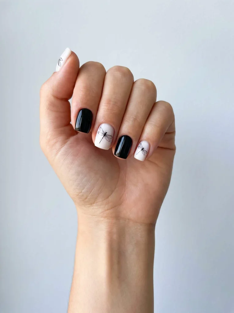 Black and white dragonfly square nails