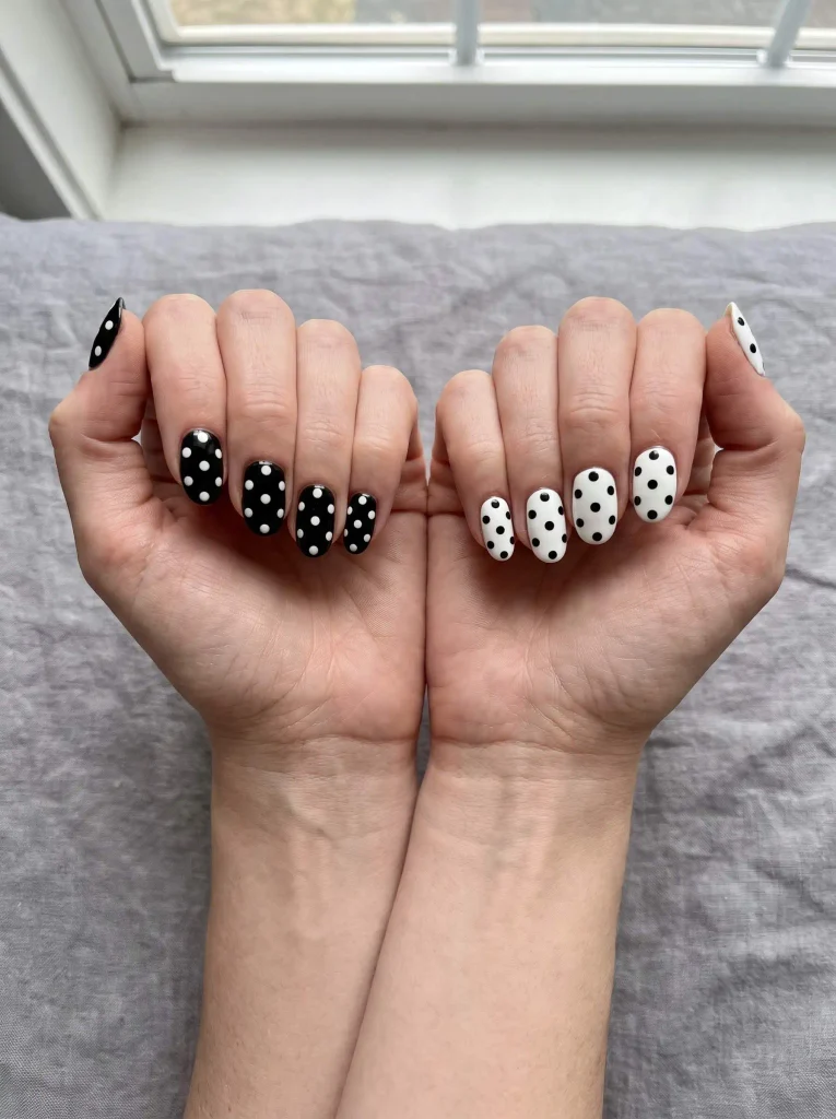 Black hand white hand polka dot nails