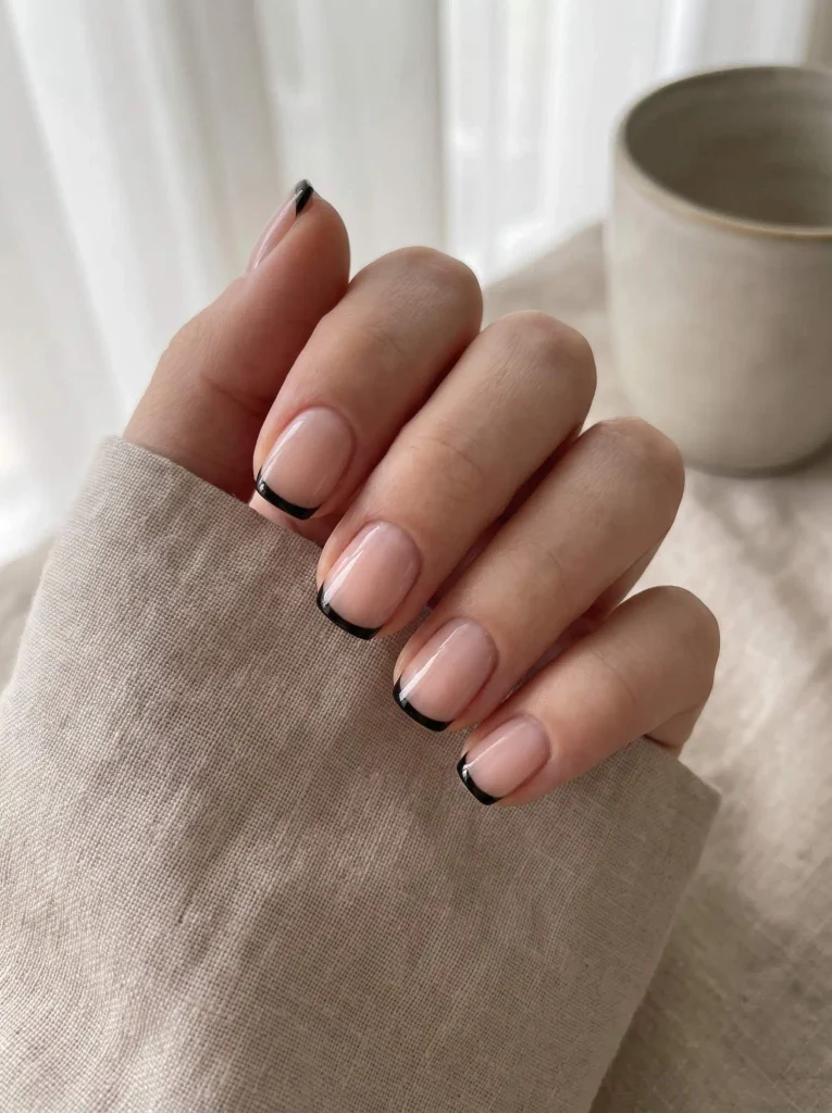 Black micro French short nails