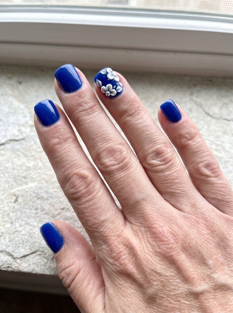 Blue 3D Flower Short Acrylic Nails